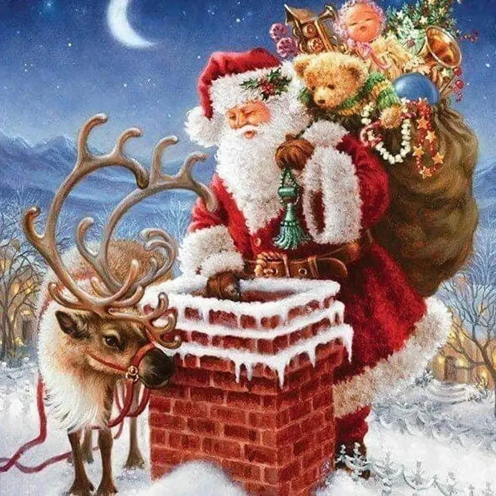 Broderie diamant Père Noël près de la Cheminée