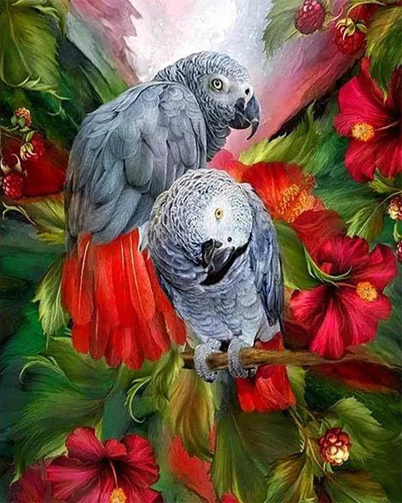 Perroquets Gris et Rouges - Broderie Diamant Animaux Élégants