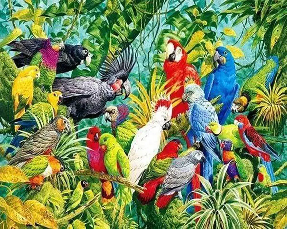 Perroquets en broderie diamant - Kit complet animaux colorés