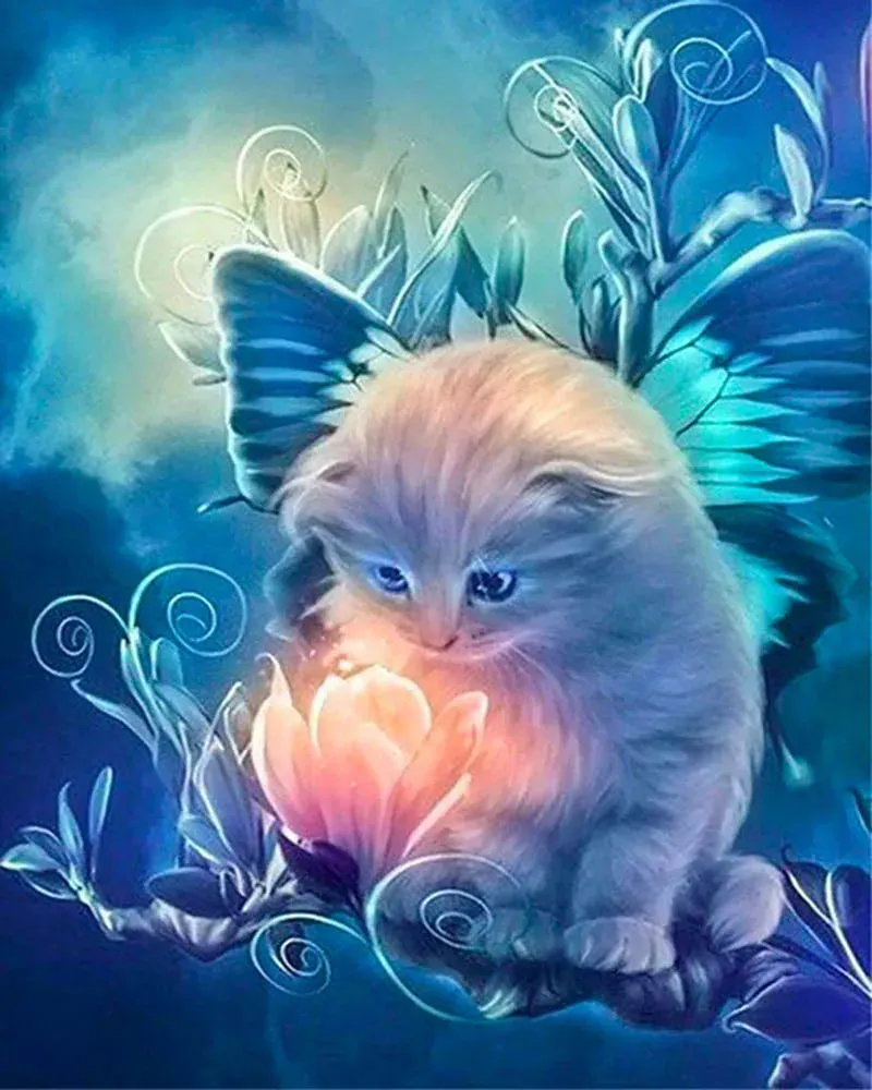 Broderie diamant Petit Chat Curieux et fleur magique