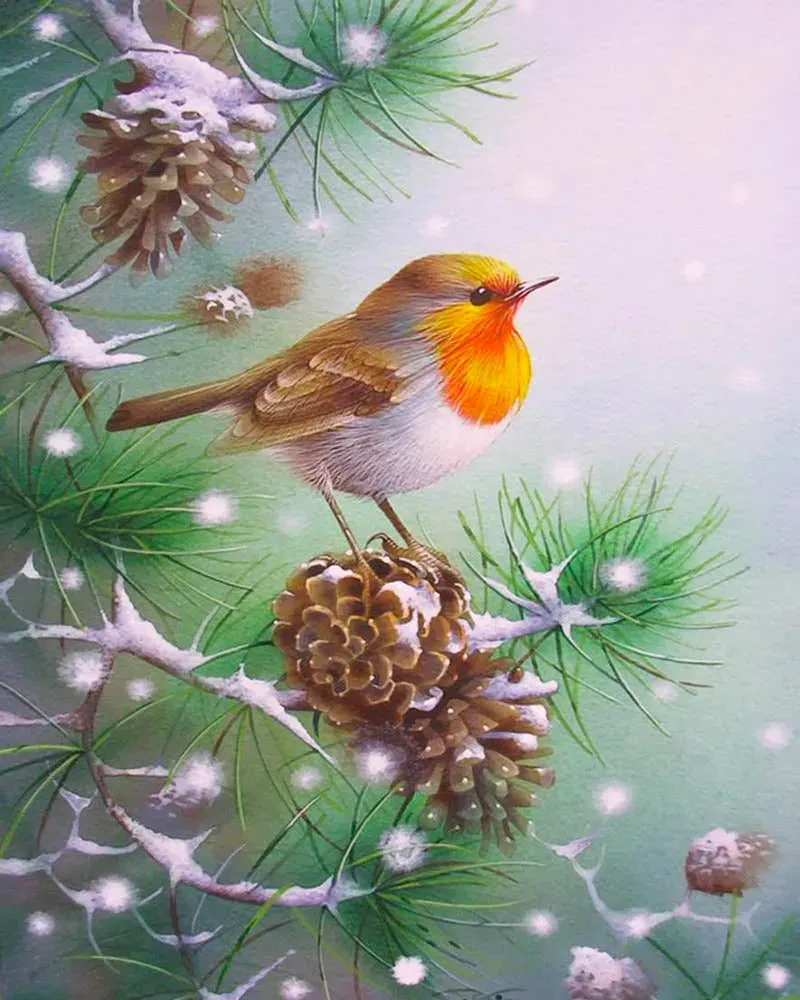 Broderie diamant Petit oiseau et pommes de pin
