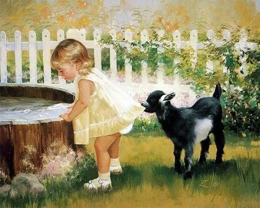 Broderie diamant enfant et chien - Portrait tendre et complice