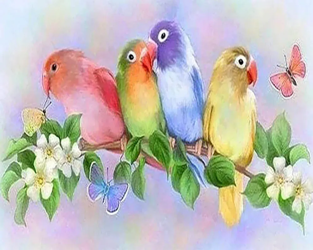 Broderie diamant Petites Perruches - Oiseaux colorés en kit complet