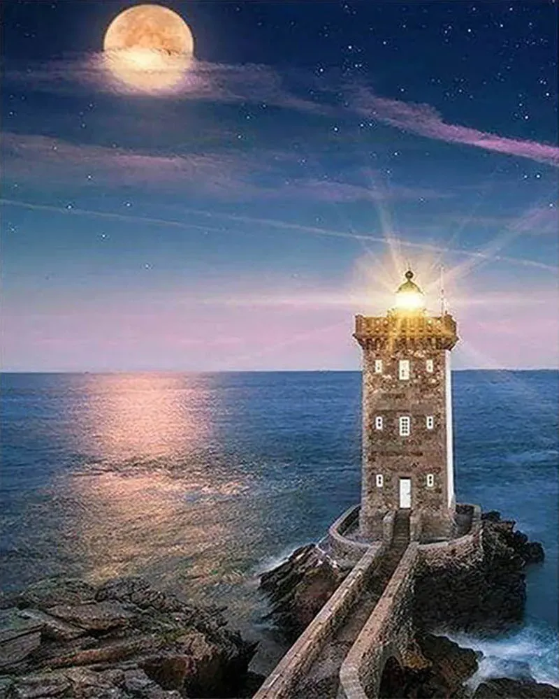 Broderie diamant Phare de mer et Grande Lune