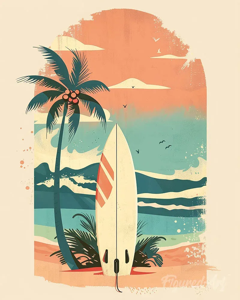 Broderie diamant Planche de surf sur la plage - 20x25 cm