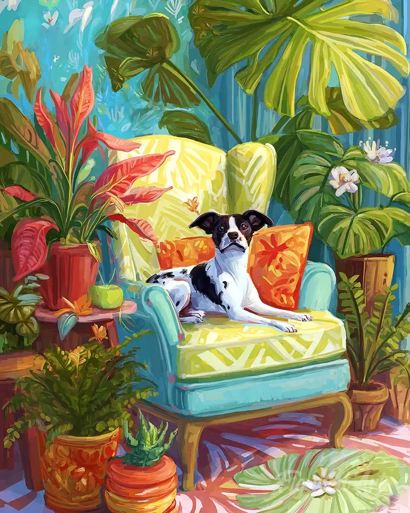Broderie diamant Plantes tropicales et Chien