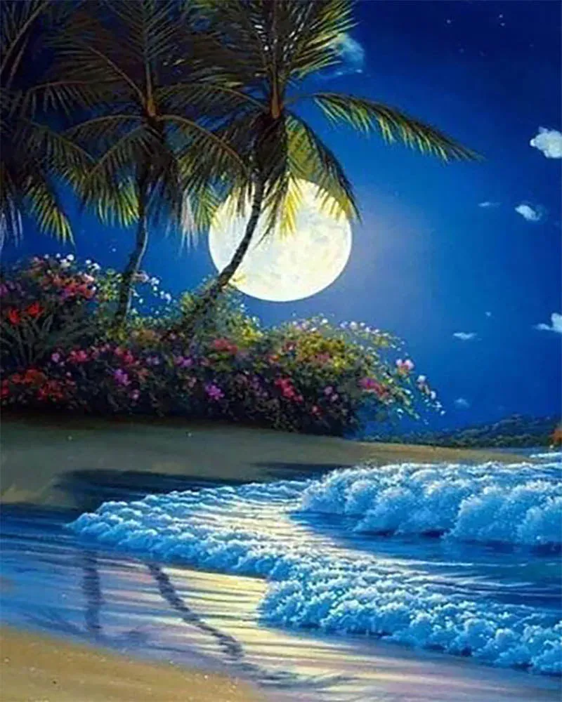 Broderie diamant Pleine Lune en bord de mer