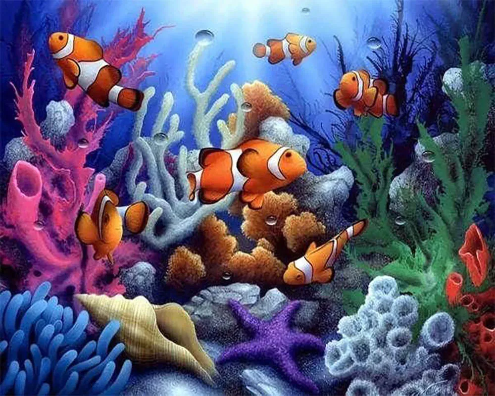 Broderie diamant Poissons Clown - Scène marine colorée et apaisante