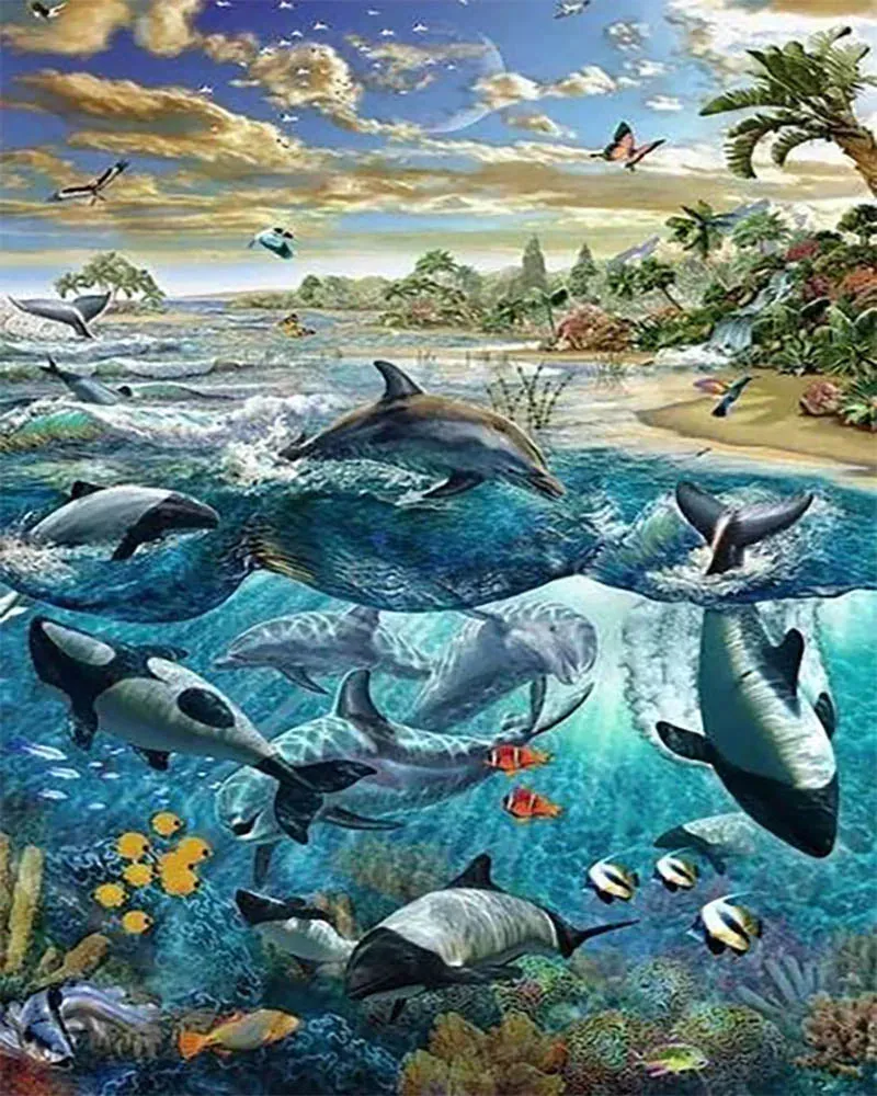 Broderie diamant Poissons et Dauphins