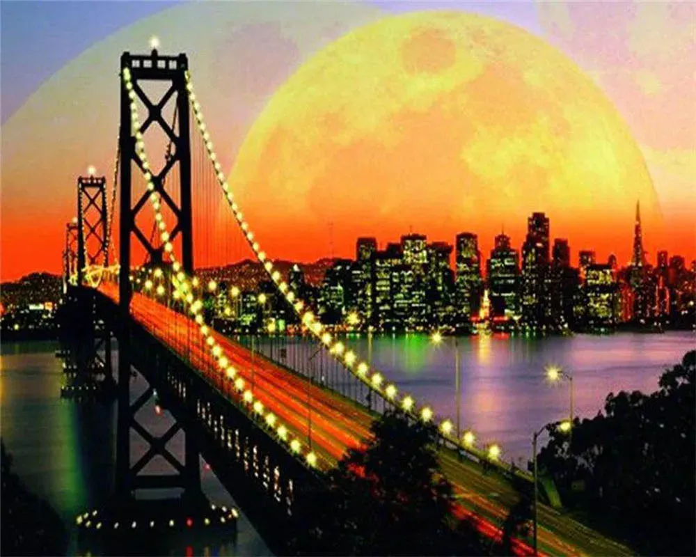 Broderie diamant Pont de San Francisco et Pleine Lune