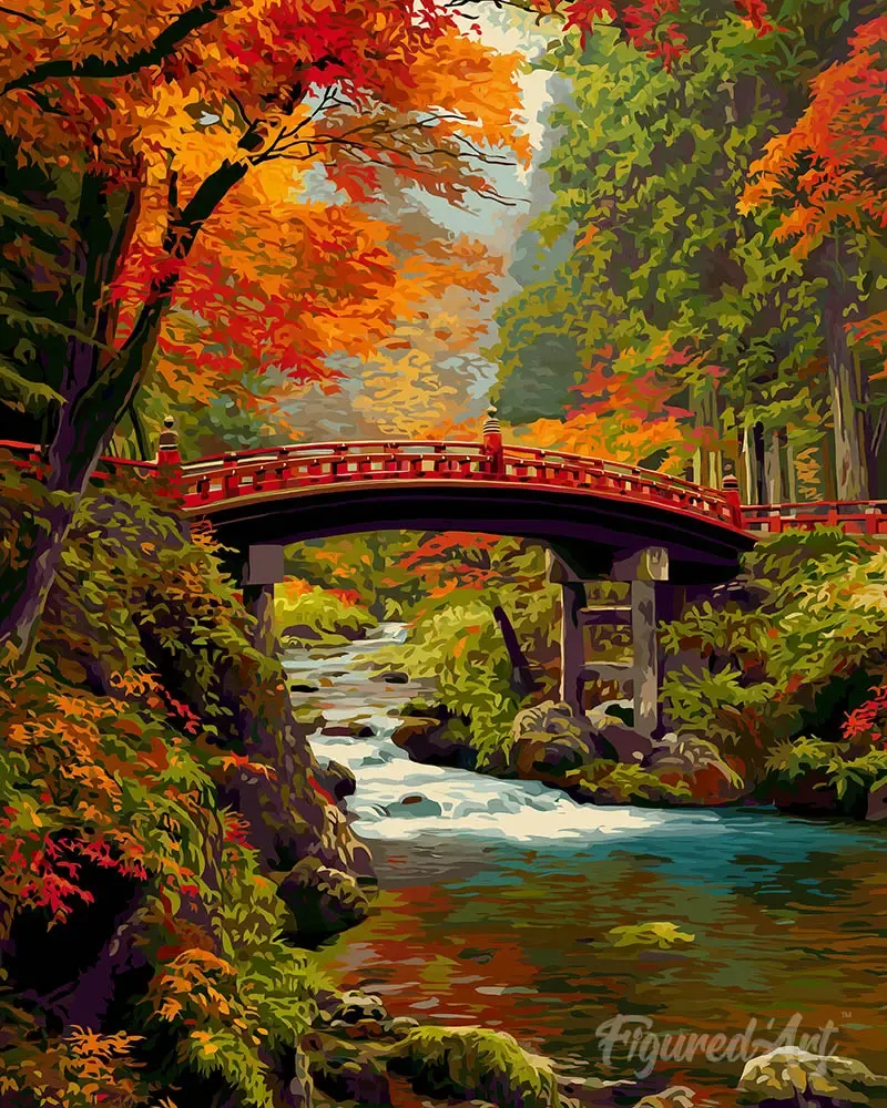 Broderie diamant Pont rouge au Japon en automne