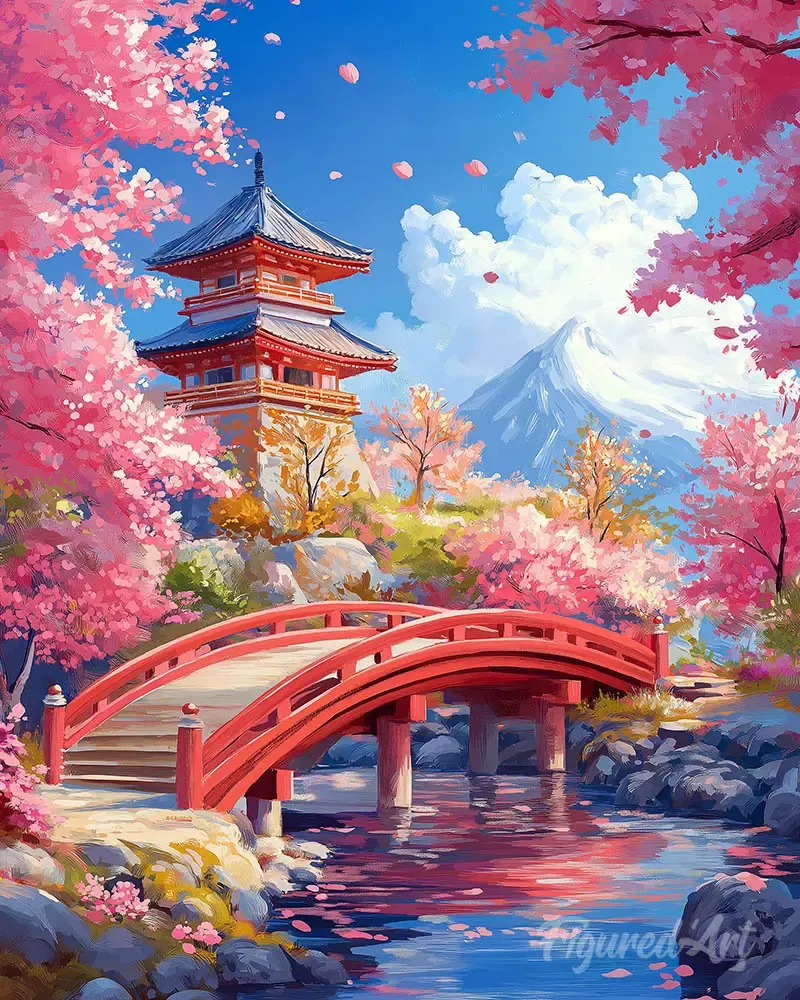 Broderie diamant Pont Rouge et Cerisiers en Fleurs - 40x50 cm