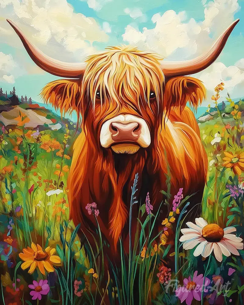 Broderie diamant Portrait de vache Highland et fleurs sauvages