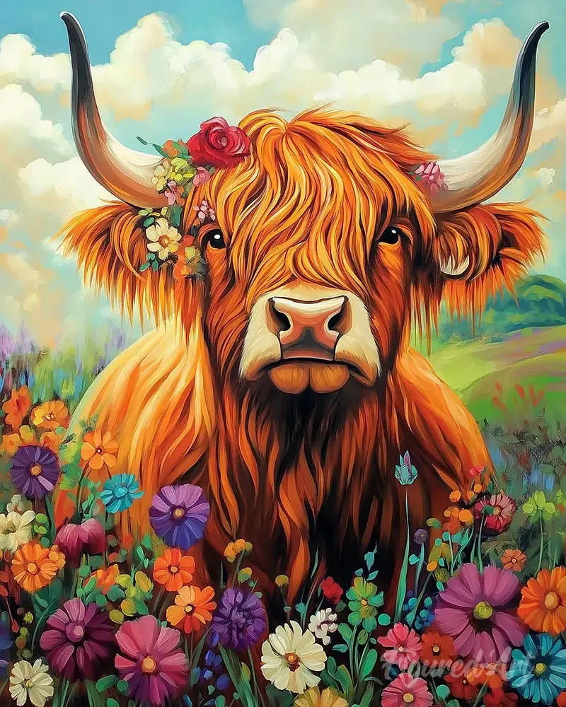 Broderie diamant Portrait de vache Highland fleurs