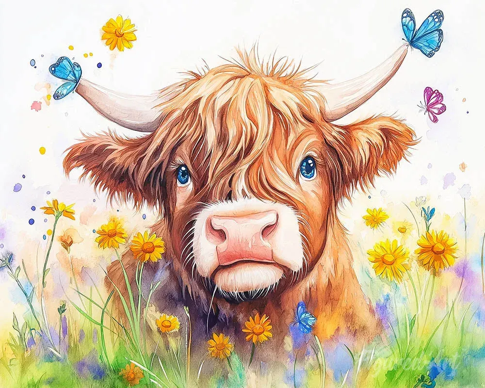Broderie diamant Portrait printanier vache Highland