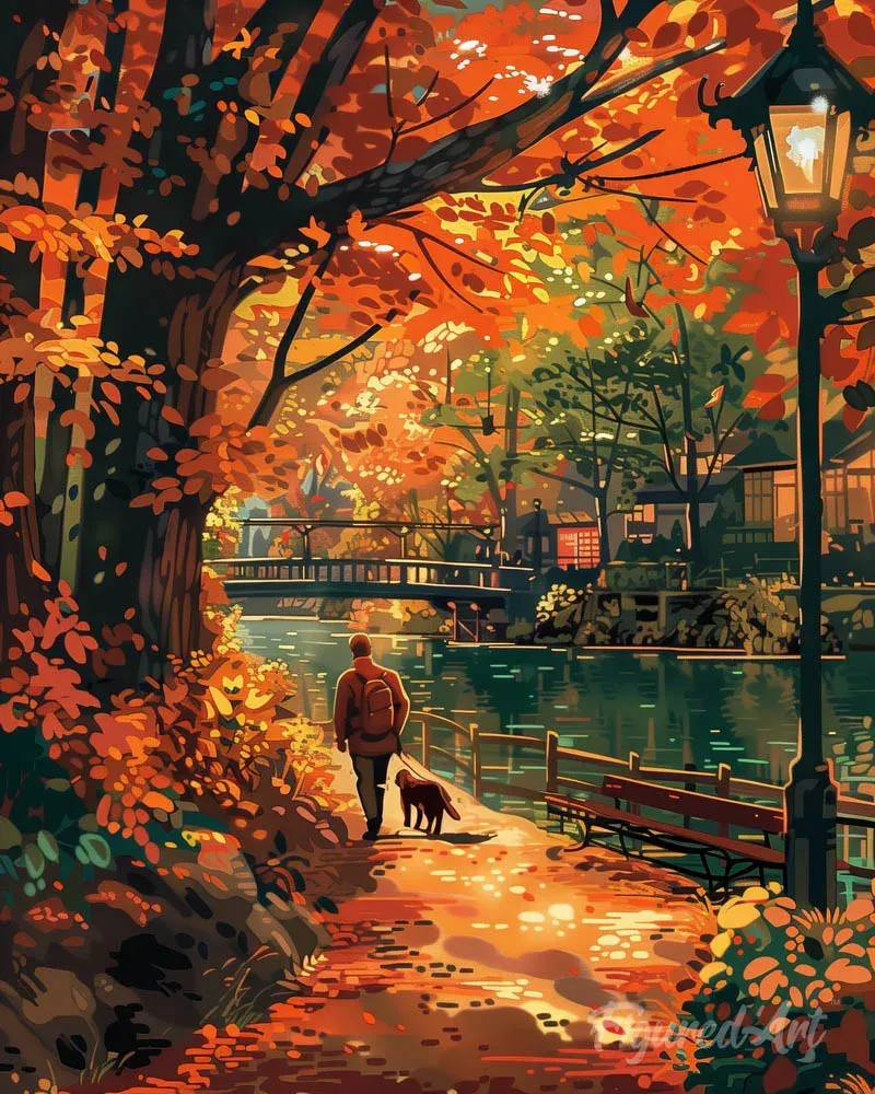 Broderie diamant Promenade du chien en Automne