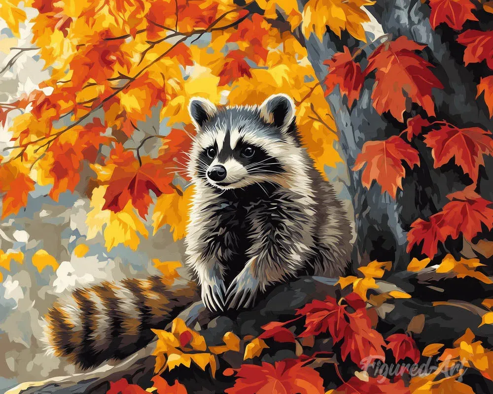 Broderie diamant Raton laveur en Automne - Kit complet animaux nature