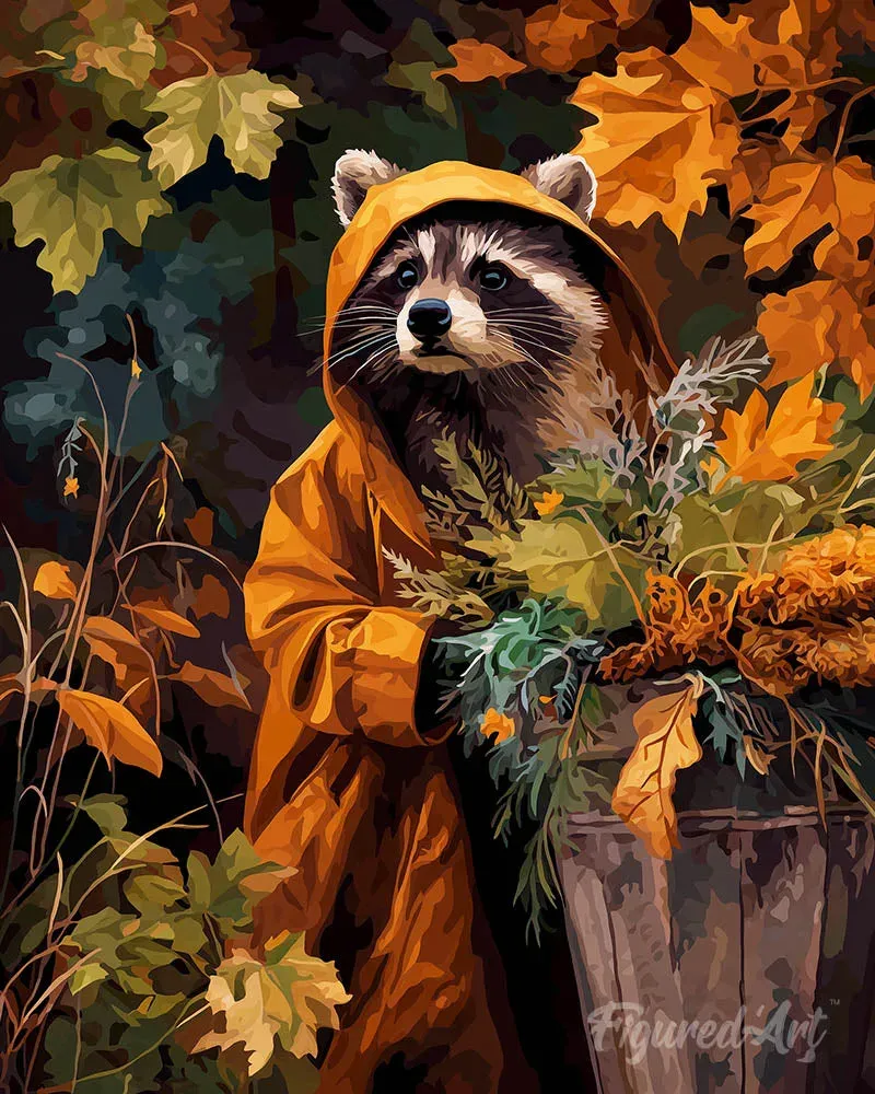 Raton laveur sous la pluie - Broderie diamant animaux automne