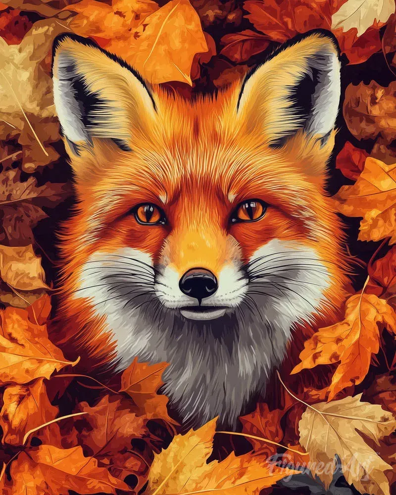 Broderie diamant Renard dans les feuilles d'Automne
