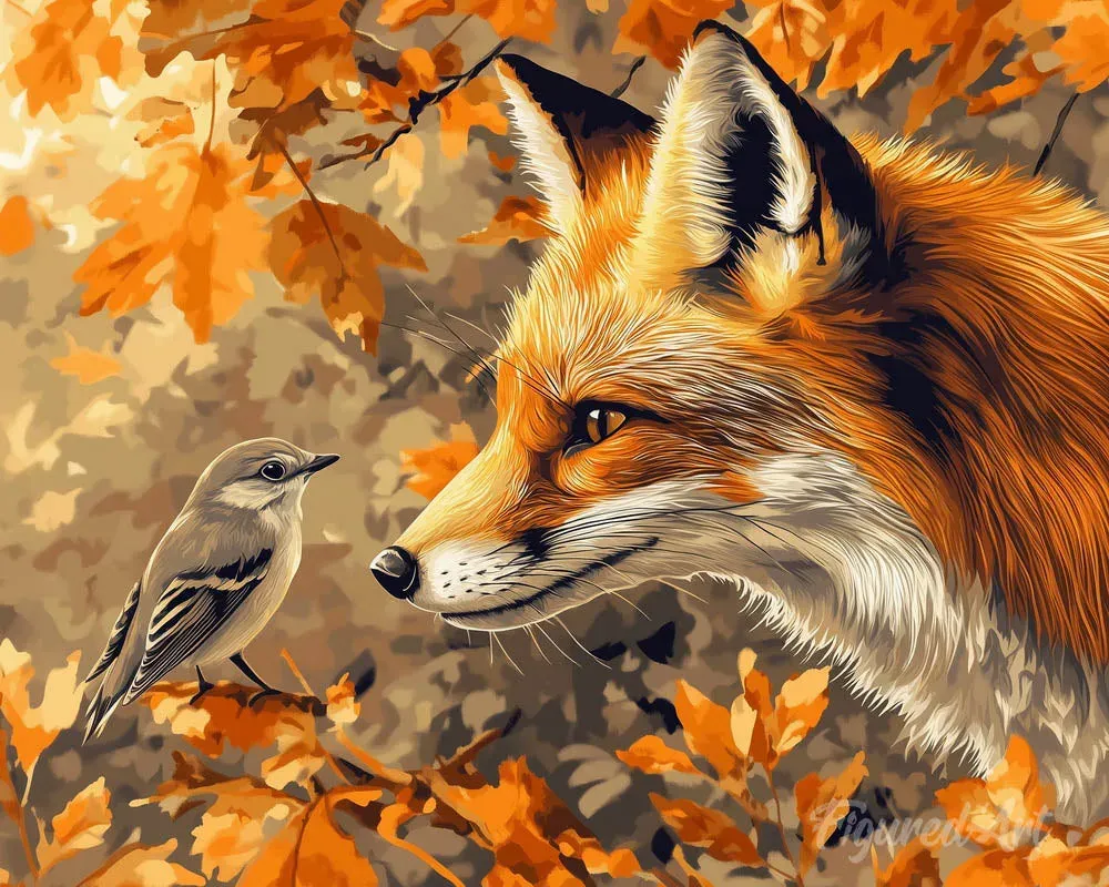 Broderie diamant Renard et oiseau en Automne