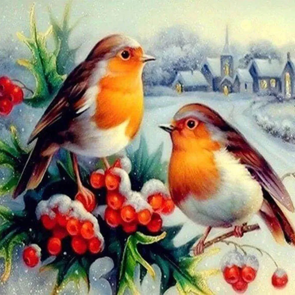 Rouge-gorges sous la neige - Broderie diamant animaux d’hiver