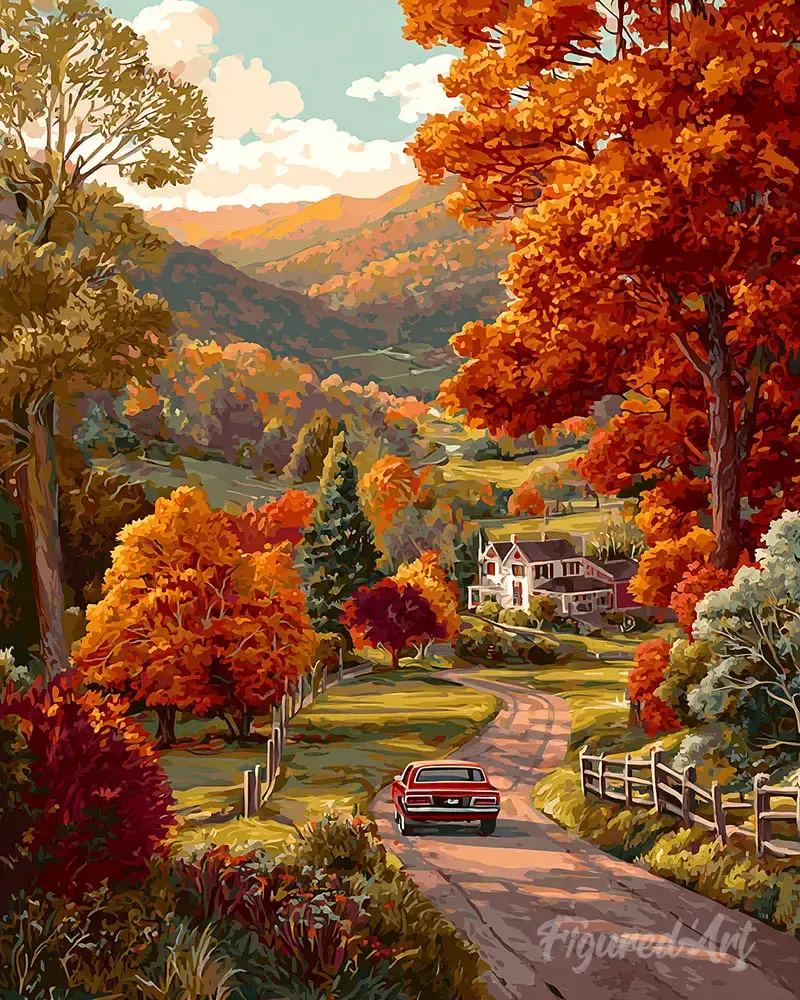 Broderie diamant Route de campagne en automne
