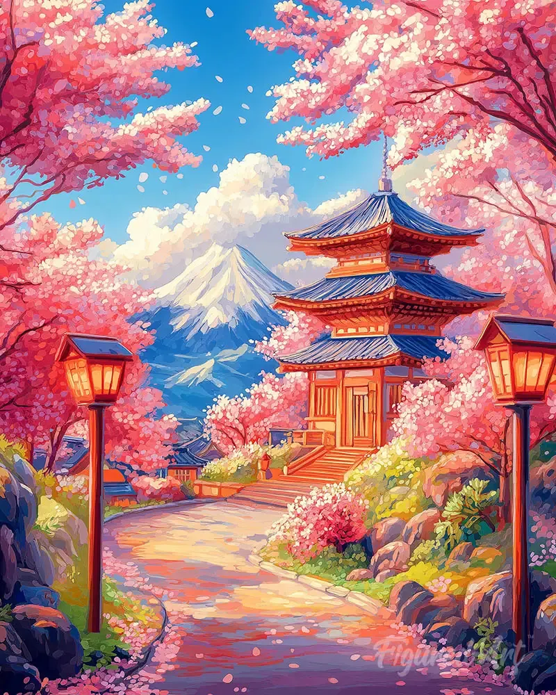 Broderie diamant Route des Cerisiers en Fleurs vers la Pagode - 20x25 cm