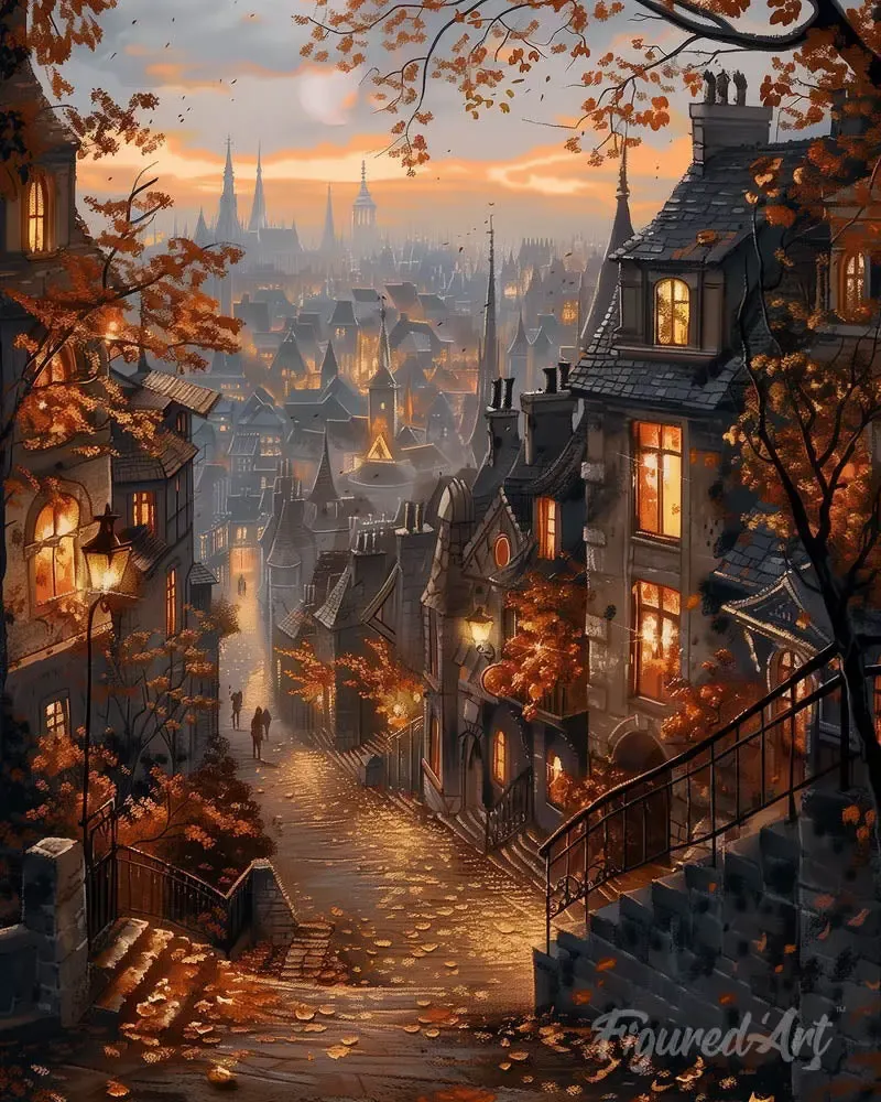 Broderie diamant Rue d'Automne et vieille Ville - 40x50 cm