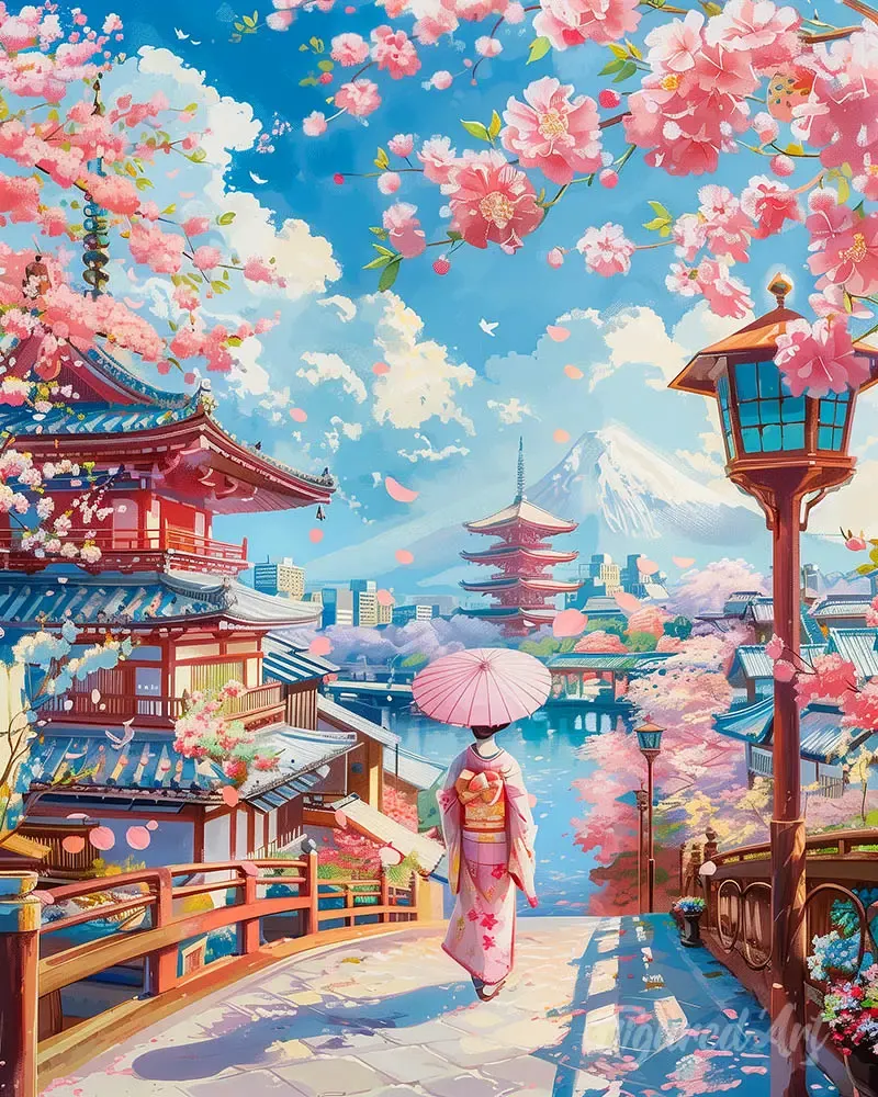 Broderie diamant Rue des Cerisiers en Fleurs à Kyoto - 20x25 cm