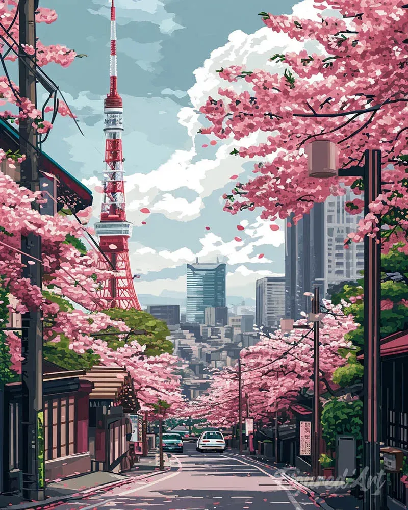 Broderie diamant Rue des Cerisiers en Fleurs à Tokyo - 20x25 cm