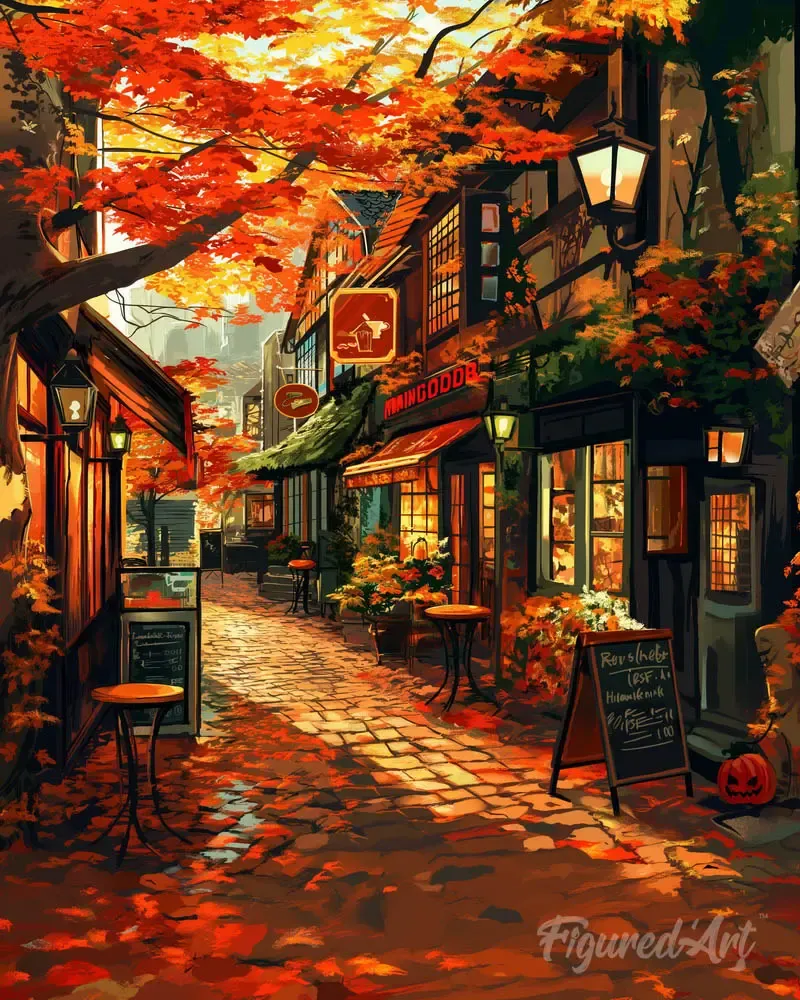 Broderie diamant Rue du café en Automne