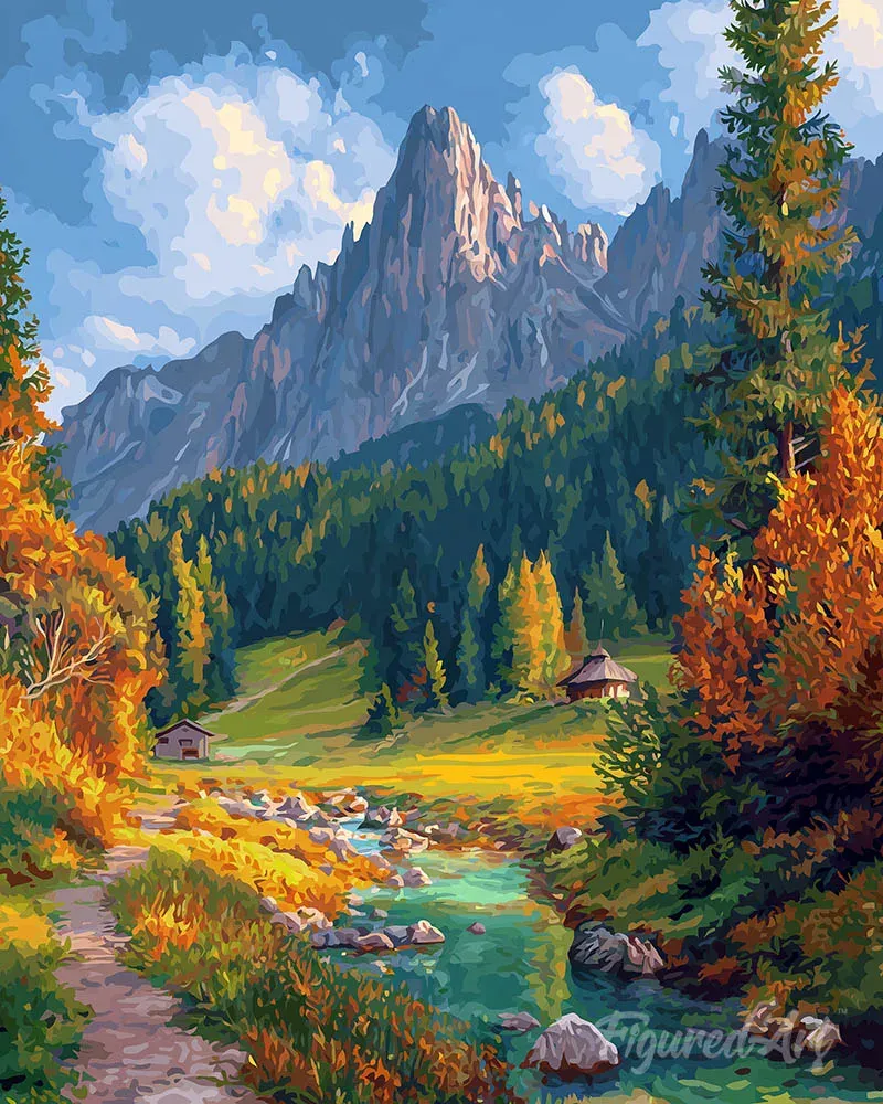 Broderie diamant Ruisseau alpin en automne