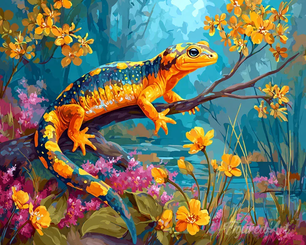 Broderie diamant Salamandre Dorée - Élégance animale en diamants
