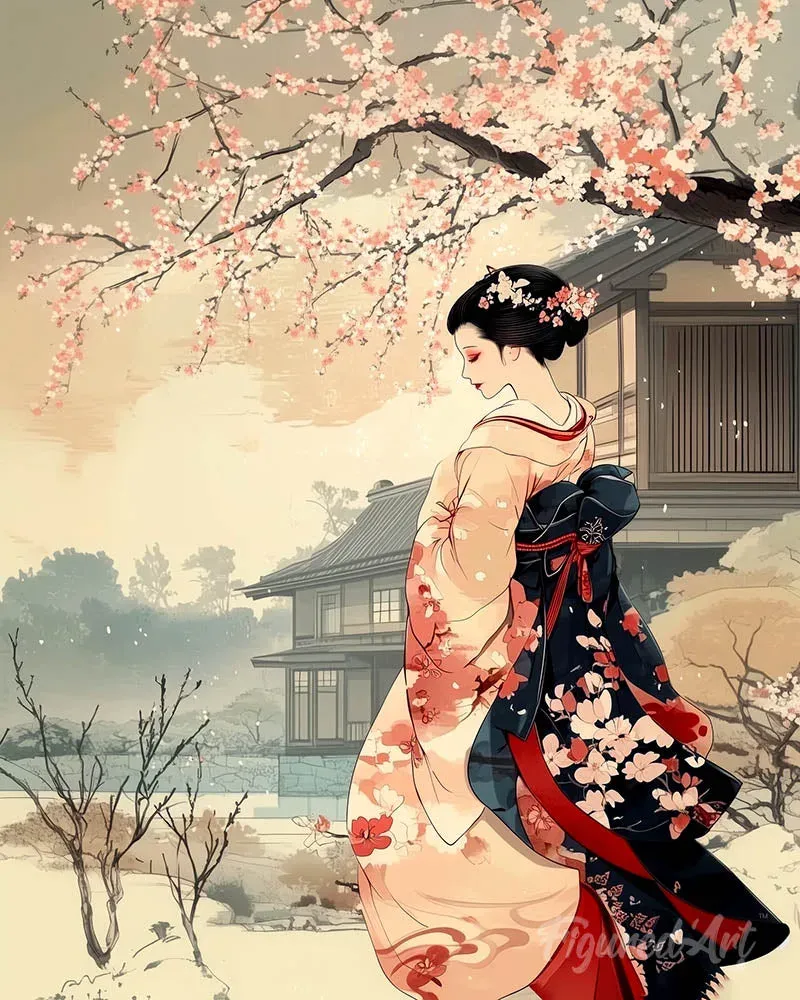 Broderie diamant Scène Vintage d’une Geisha en Hiver - 40x50 cm