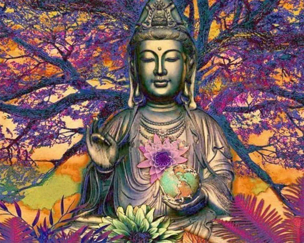 Broderie diamant Statue de Bouddha devant un grand arbre