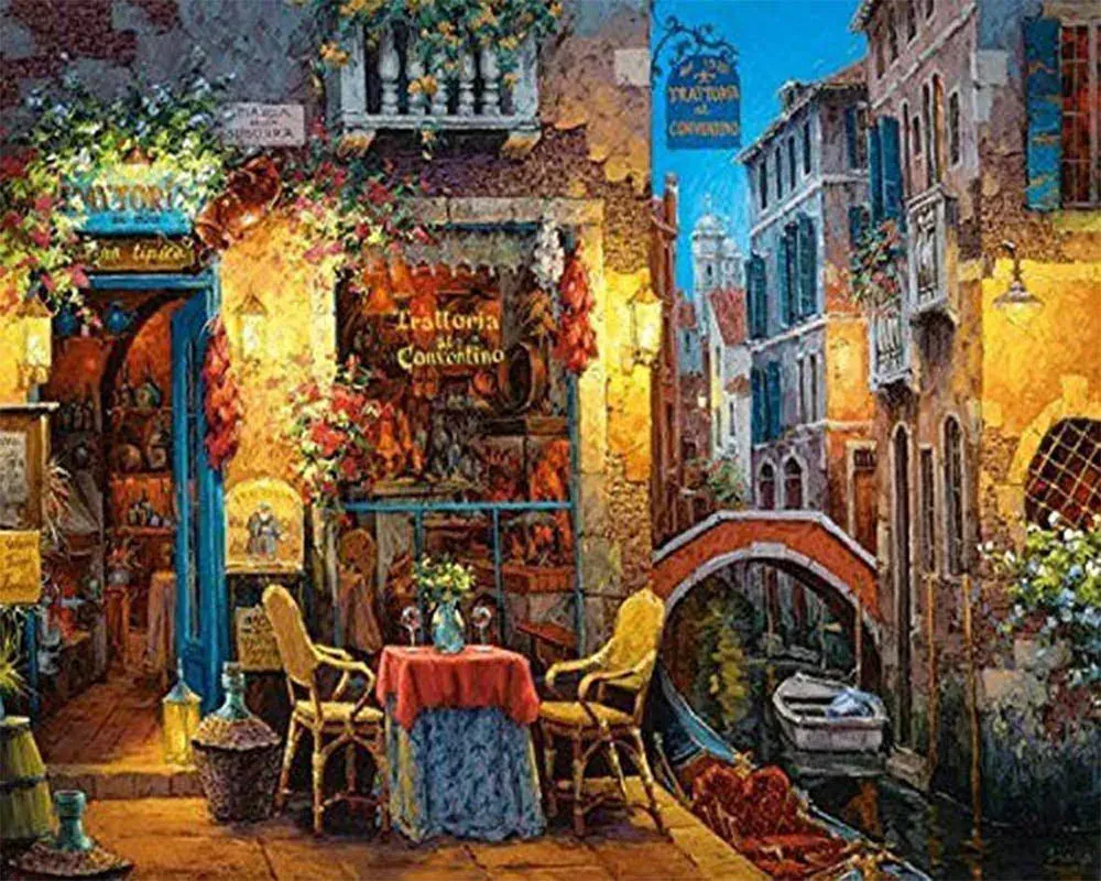Broderie diamant Table dans une ruelle éclairée