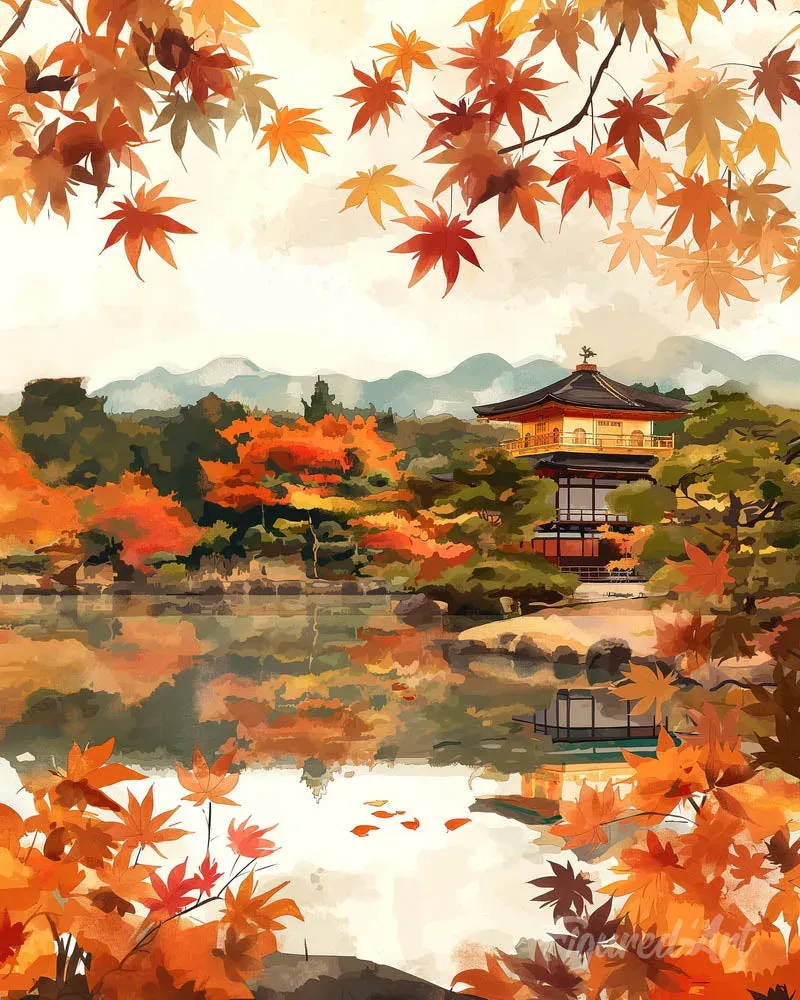 Broderie diamant Temple japonais au bord du Lac en Automne