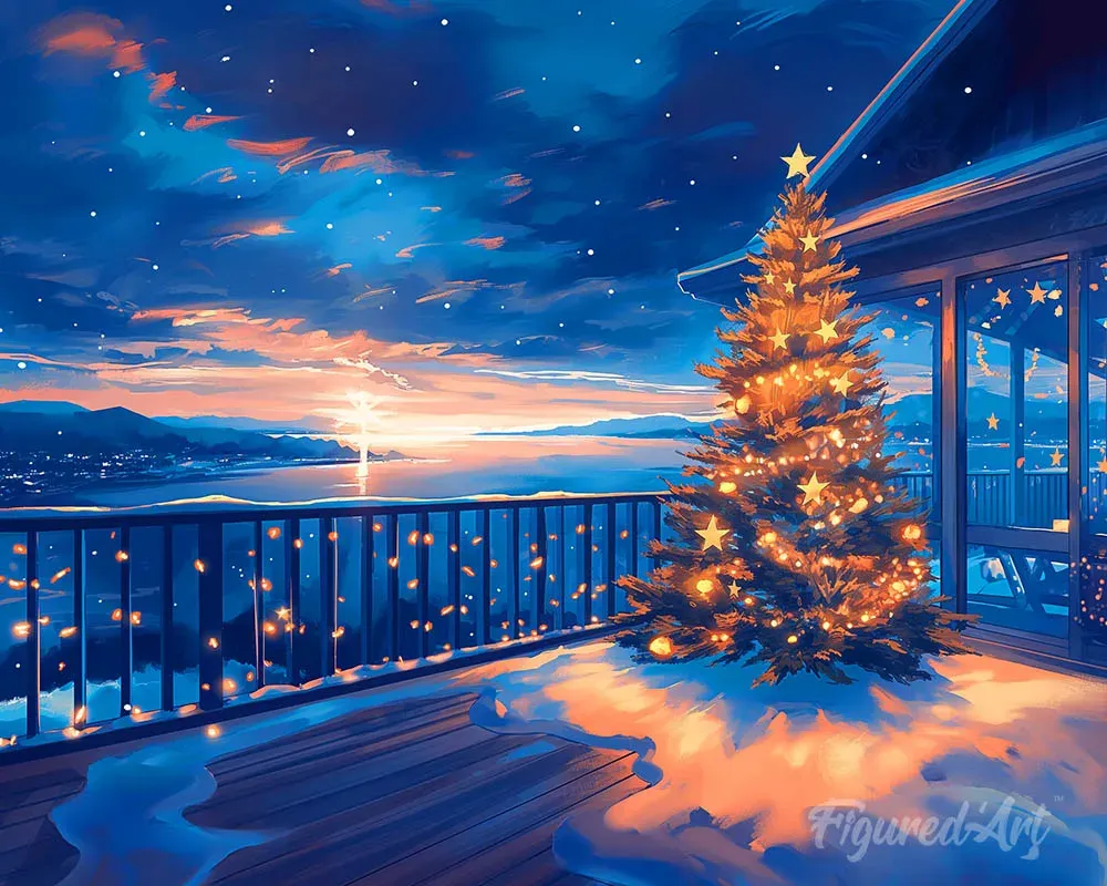 Broderie diamant Terrasse de Noël Étincelante - Toile tendue sur châssis