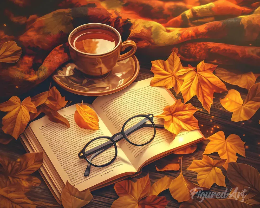 Broderie diamant Thé et livre en Automne - 20x25 cm