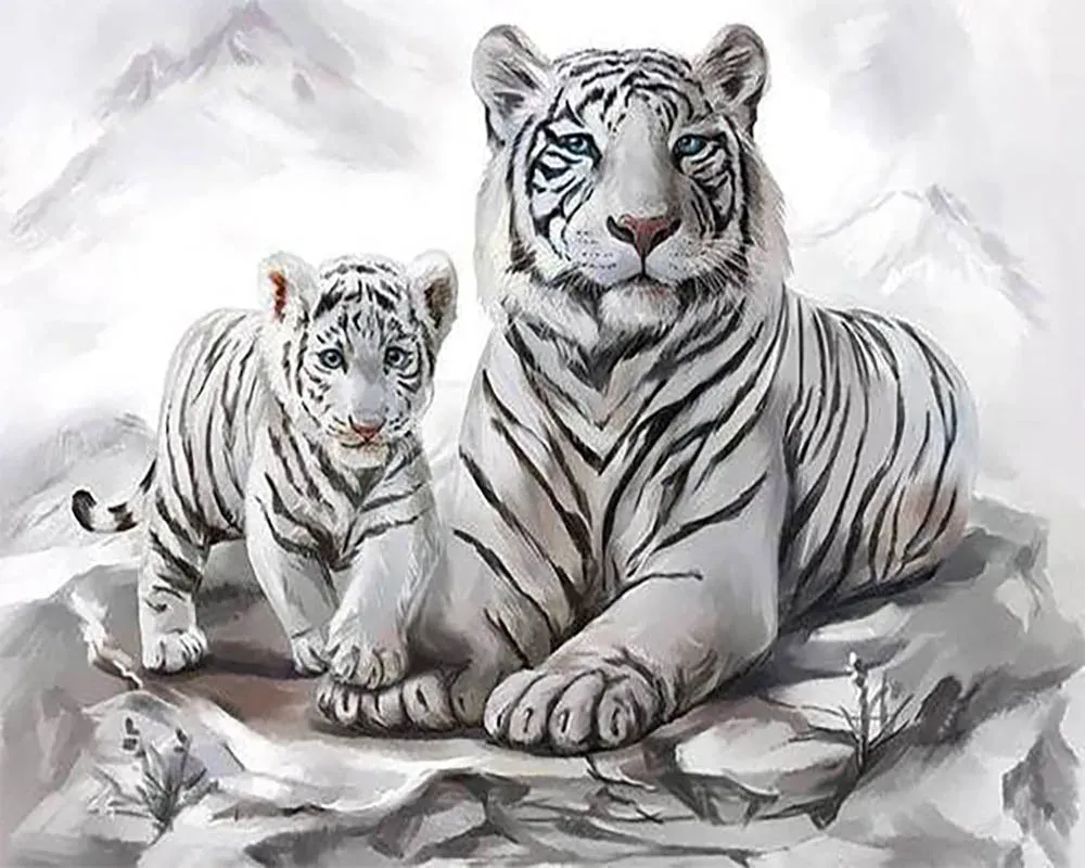 Broderie diamant Tigres des Neiges - Élégance hivernale en diamants