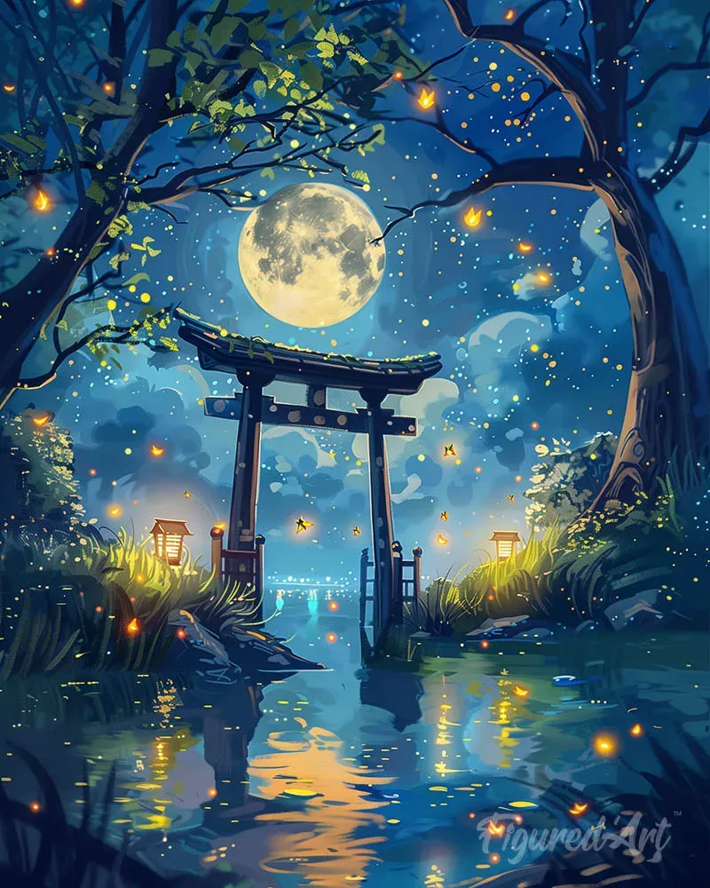 Broderie diamant Torii au Clair de Lune et Lucioles - 20x25 cm