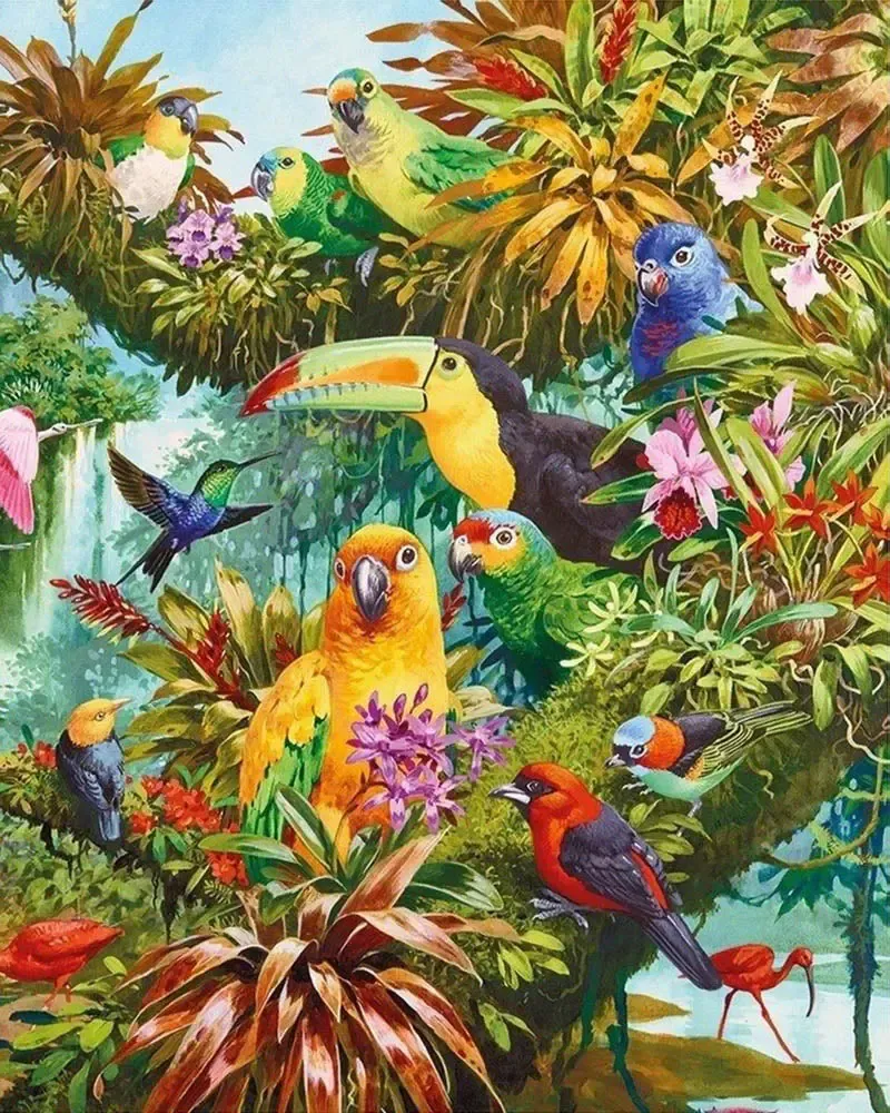 Broderie diamant oiseaux : toucan et paysages tropicaux éclatants