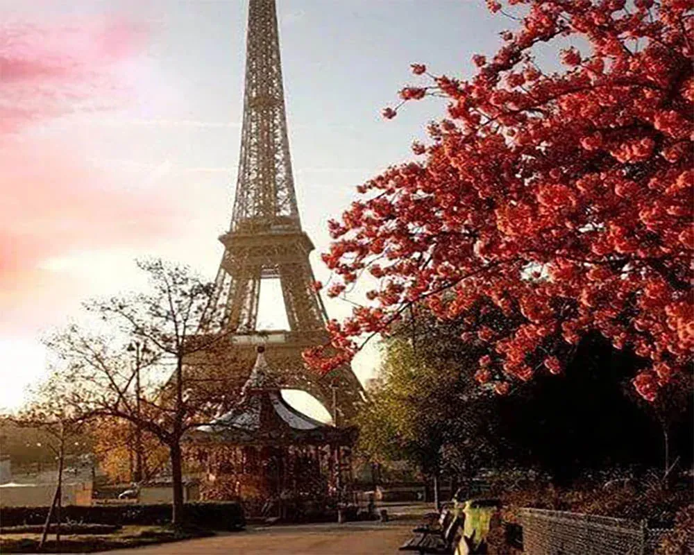 Broderie diamant Tour Eiffel et Arbre fleuri