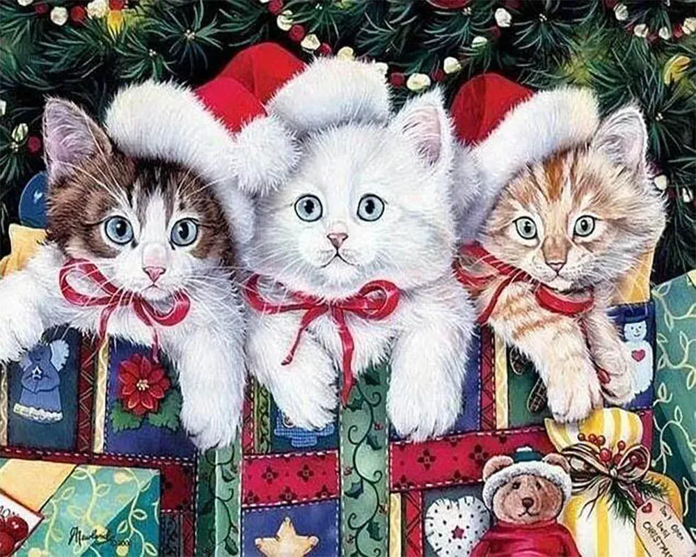 Broderie diamant Trois Chatons à Noël - Mignonne scène féline de fête