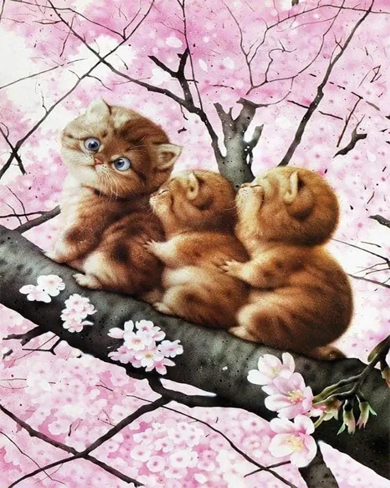 Broderie diamant Trois chatons sur une Branche