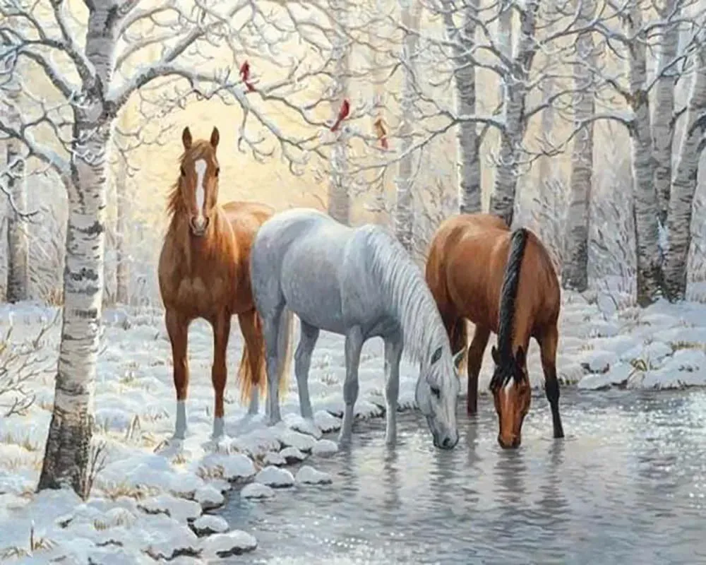 Broderie diamant chevaux - Trois chevaux se désaltérant à l'abreuvoir