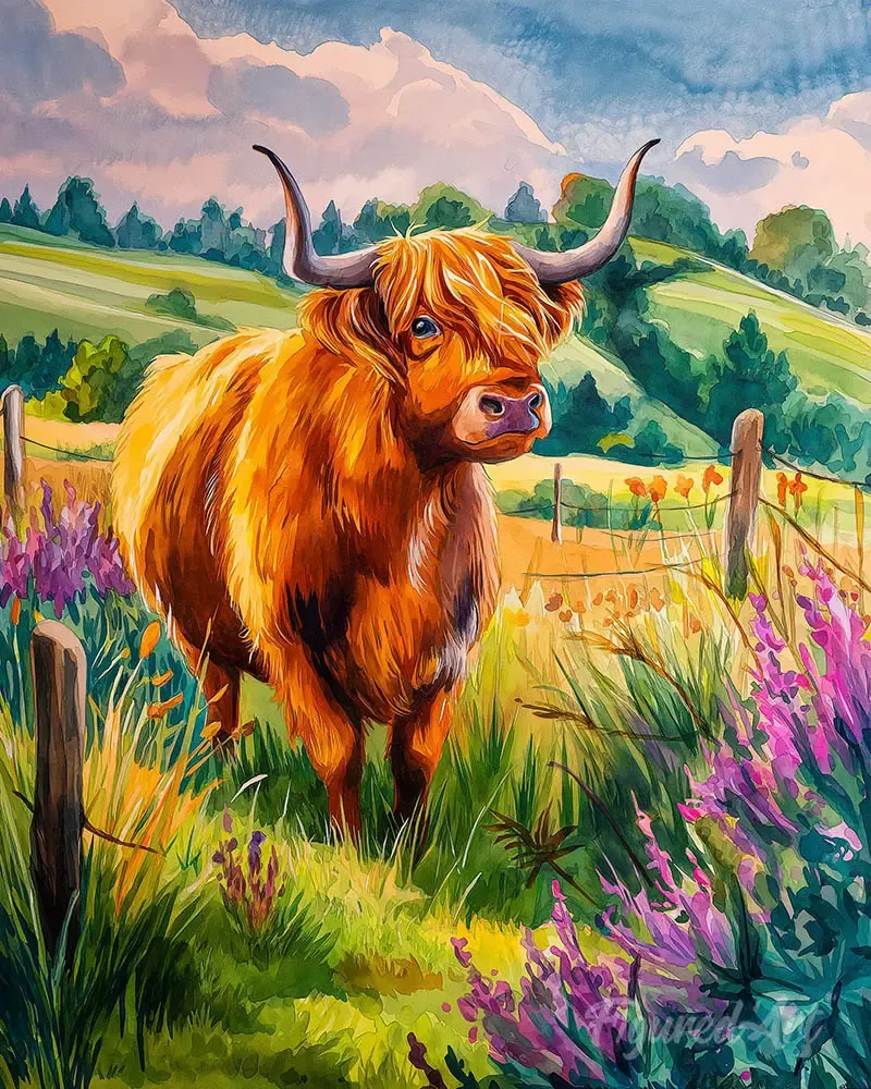 Broderie diamant Vache Highland à la campagne