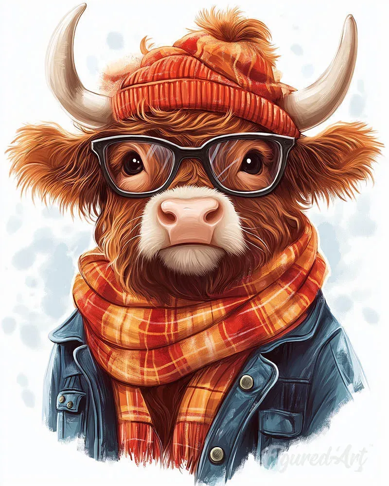 Broderie diamant Vache Highland - Ambiance chaleureuse et nature préservée