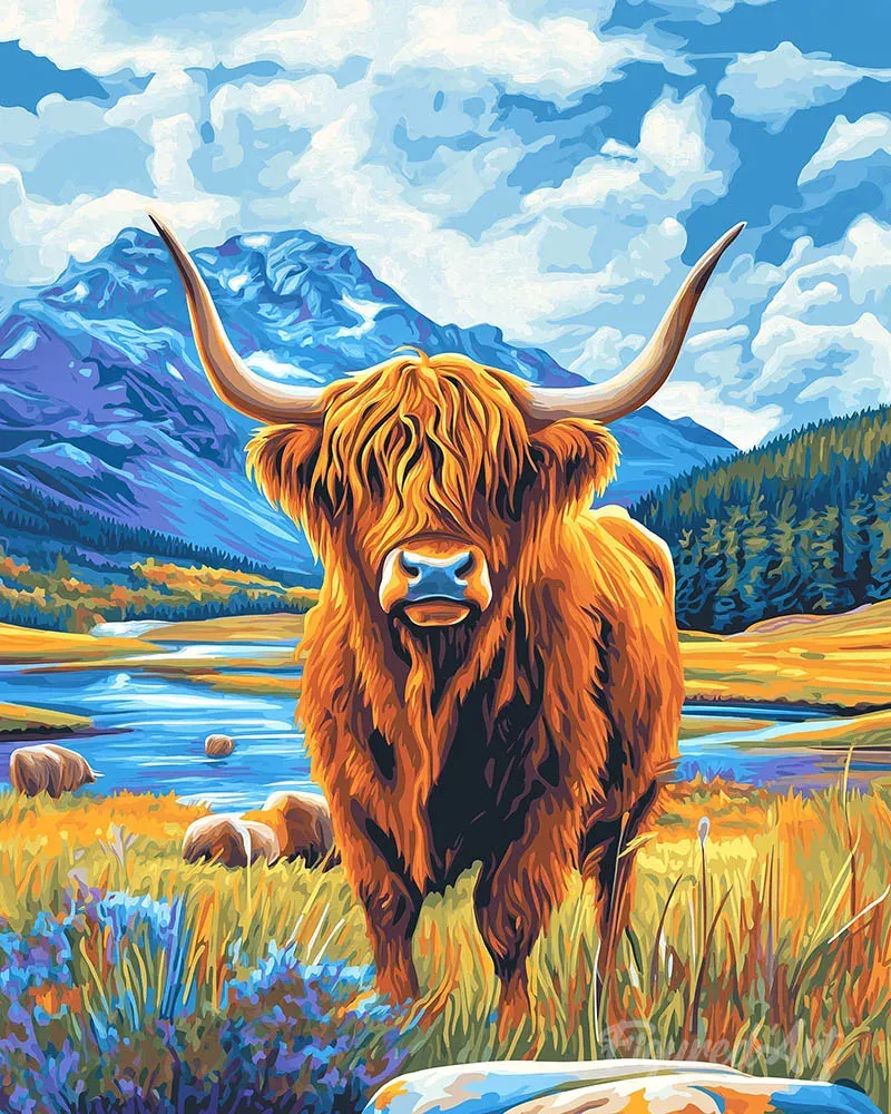 Broderie diamant Vache Highland au bord du lac