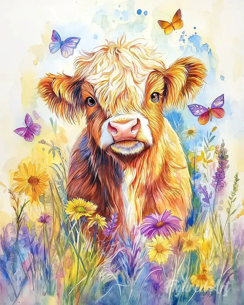 Broderie diamant vache Highland et papillons - Mille Facettes